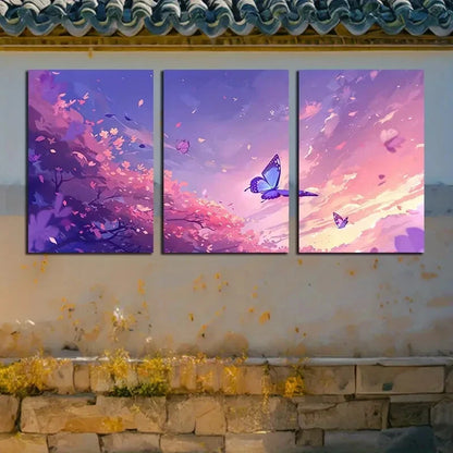 3pcs Serene Butterfly & Floral Pink Illustration Metal Print Ready to Hang Art - Bella Home Decor