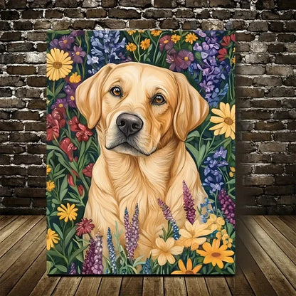 Vibrant Labrador Retriever Dog with Flowers & Plants 40x60cm Metal Print Ready to Hang - Bella Home Decor