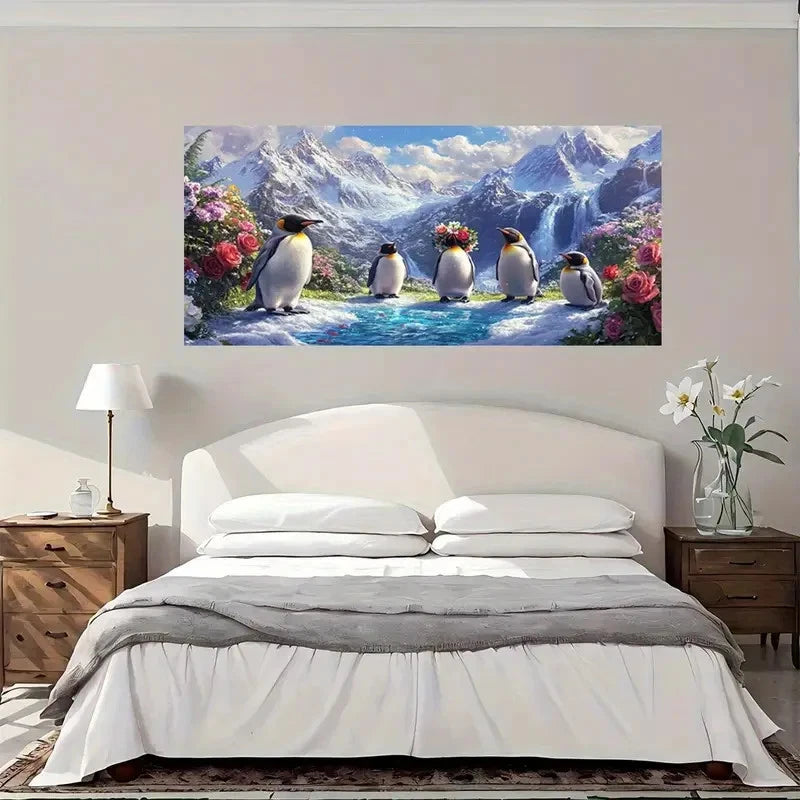 Penguin Family In Snowy Wall Art Canvas Office Home Room Framed 120x60cm