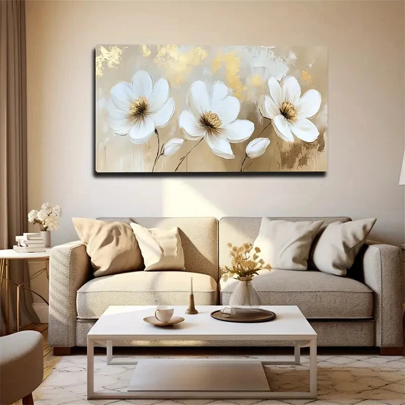 Three White Flower Golden Petal Wall Art Canvas Office Home Room Framed 120x60cm
