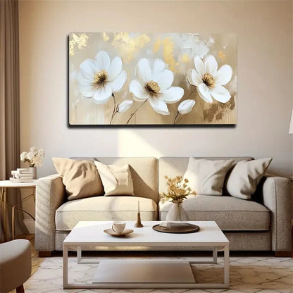 Three White Flower Golden Petal Wall Art Canvas Office Home Room Framed 120x60cm