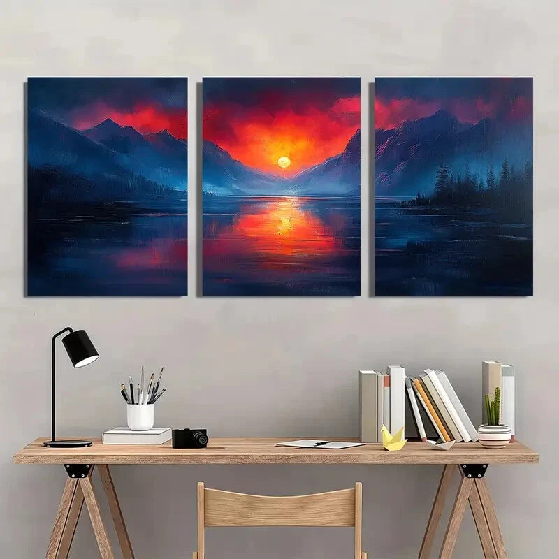 3pcs Vibrant Sunset & Mountain Landscape Scenery Metal Print Ready to Hang Art - Bella Home Decor