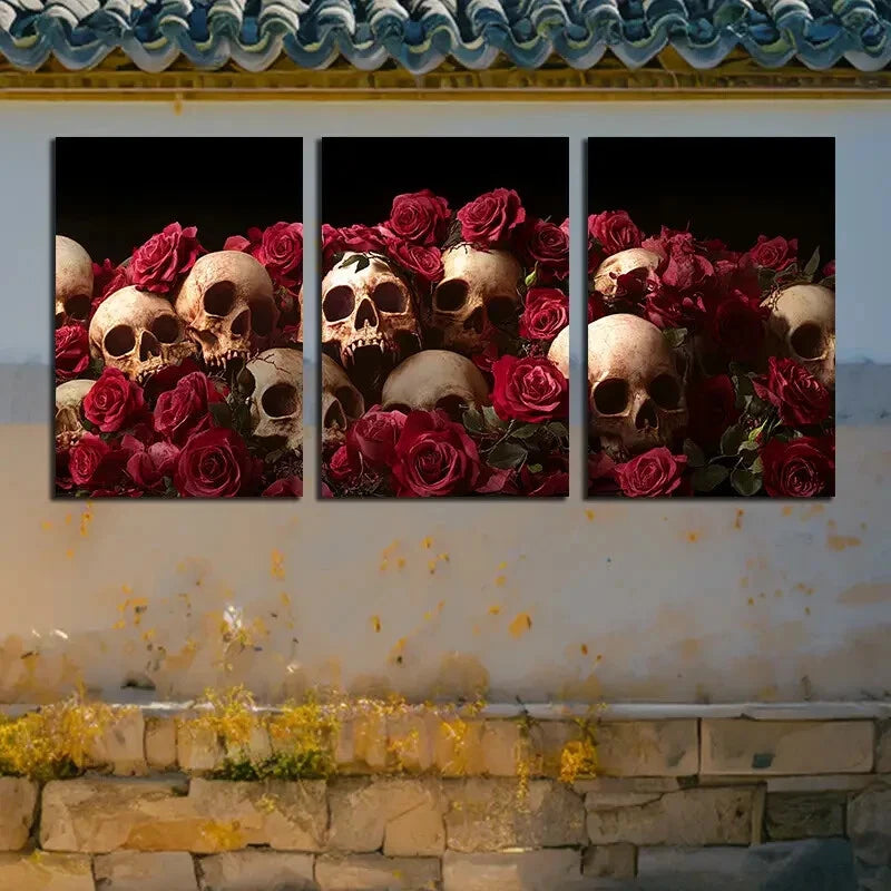 3pcs Vibrant Skeleton in the Flowers Metal Print Ready to Hang Art - Bella Home Decor