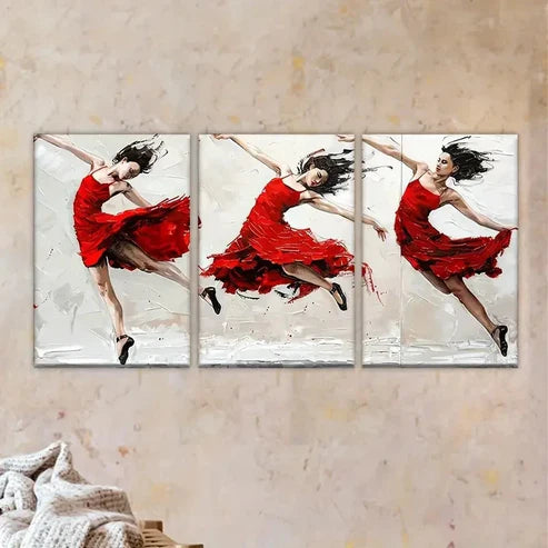 3pcs Vibrant Abstract Depiction of a Red Dancer Wall Art Set Canvas Unframed - High Quality Print 100% Australian Made Wall Canvas