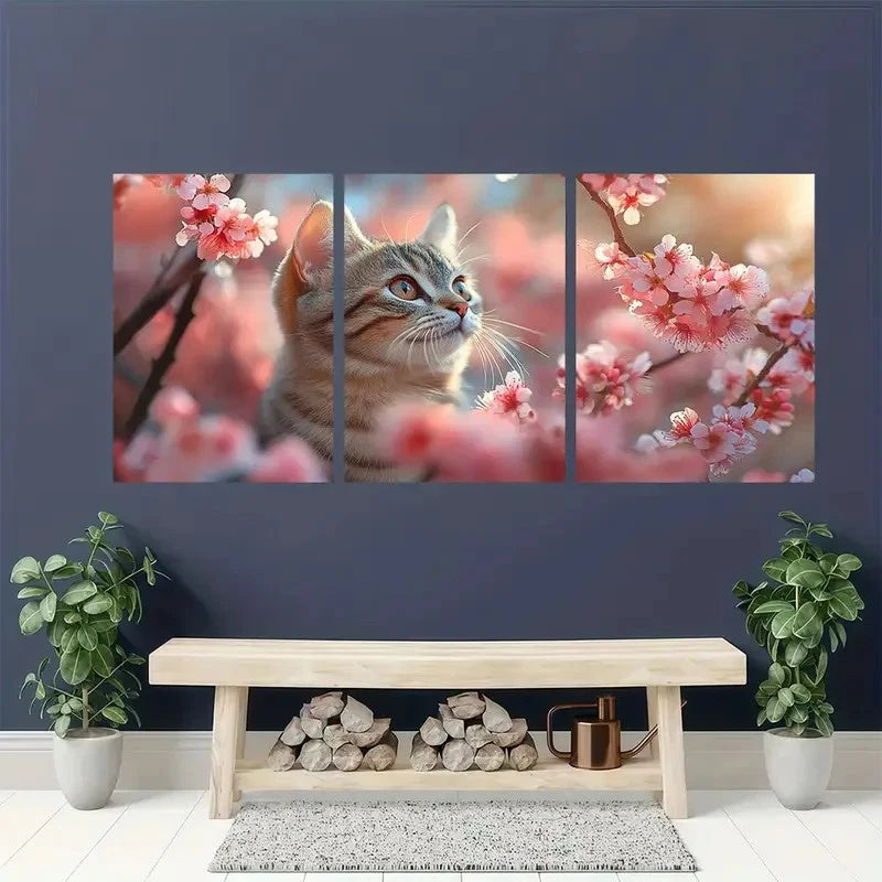 3pcs Cherry Blossom Cat Spring Themed Metal Print Ready to Hang Art - Bella Home Decor