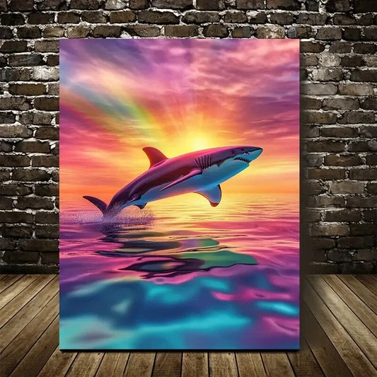 Vibrant Colors Scene of Shark Jumping Joyfully 40x60cm Metal Print Ready to Hang - Bella Home Decor