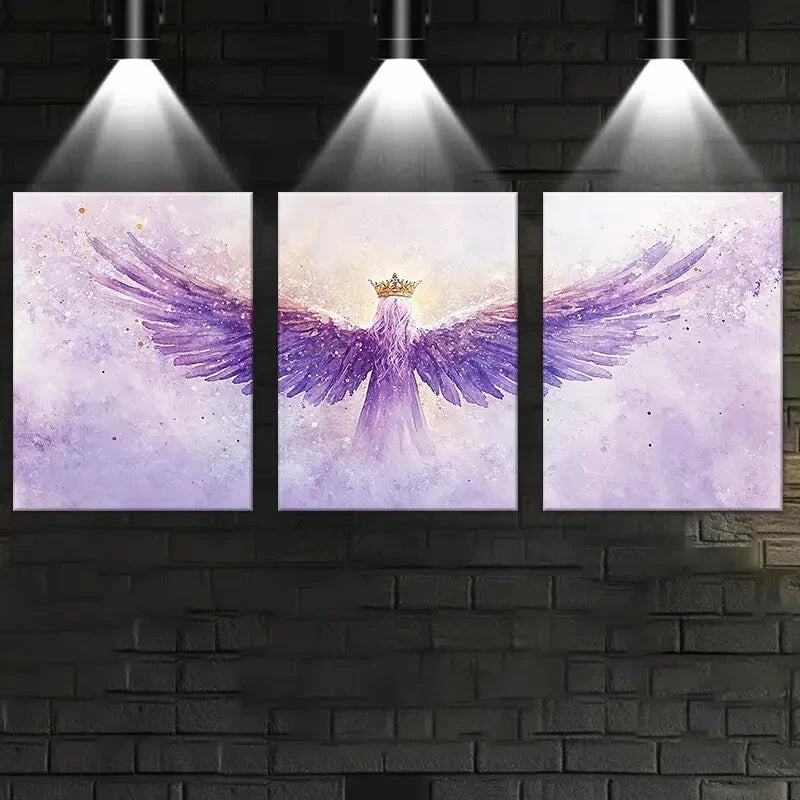 3pcs Vibrant Purple Beautiful Angel Wings Metal Print Ready to Hang Art
