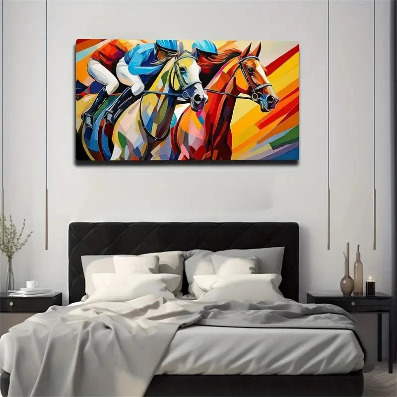 Racehorse Rider Bright Color Wall Art Canvas Office Home Room Framed 120x60cm