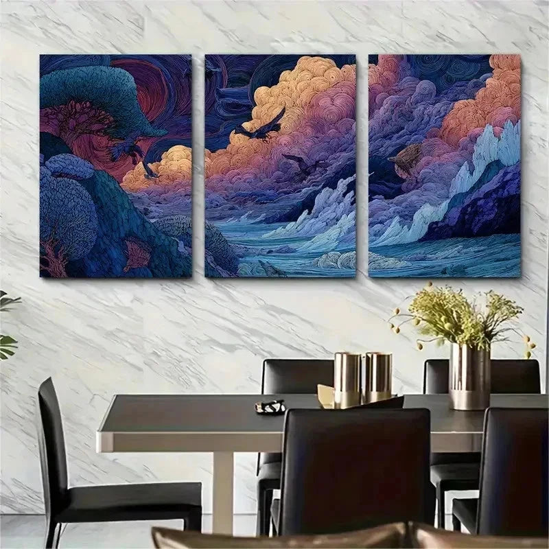 3pcs Seamless Continuous Artwork Dusk Perfect Wall Art Set Canvas Framed 50x70cm - High Quality Print 100% Australian Made Wall Canvas Ready to Hang