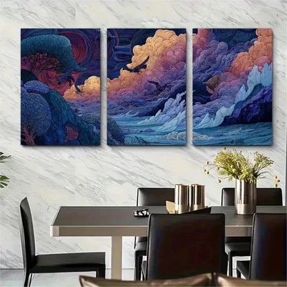 3pcs Seamless Continuous Artwork Dusk Perfect Wall Art Set Canvas Framed 50x70cm - High Quality Print 100% Australian Made Wall Canvas Ready to Hang