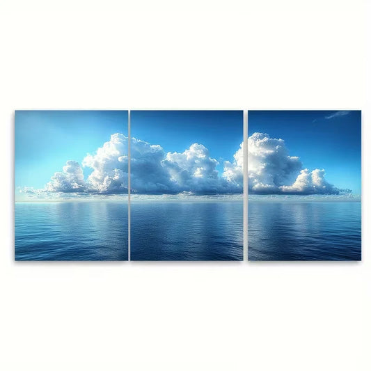 3pcs Tranquil Cumulus Clouds Over Calm Sea Metal Print Ready to Hang Art