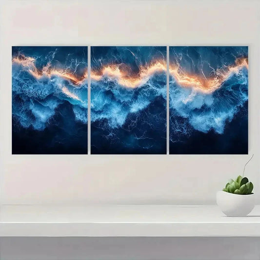 3pcs Extra Indigo Blue Tides Design Metal Print Ready to Hang Art