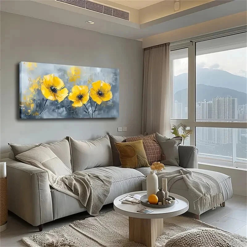 Vibrant Yellow Flowers Stems Wall Art Canvas Office Home Room Framed 120x60cm - Bella Home Decor