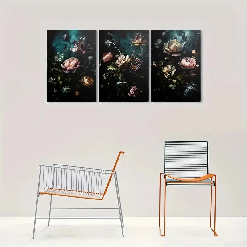 3pcs Dark Floral Elegant with Peonies and Roses Metal Print Ready to Hang Art - Bella Home Decor