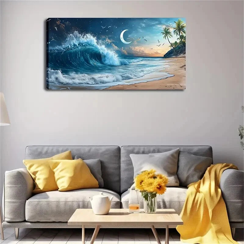 Serene Beach Scene Moonlit Wall Art Canvas Office Home Room Framed 120x60cm - Bella Home Decor