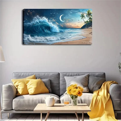 Serene Beach Scene Moonlit Wall Art Canvas Office Home Room Framed 120x60cm - Bella Home Decor