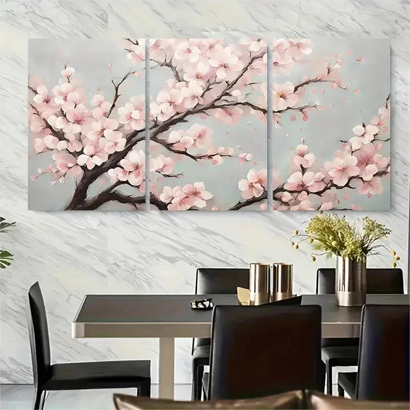 3pcs Sakura Flowers with Brown Branches Metal Print Ready to Hang Art
