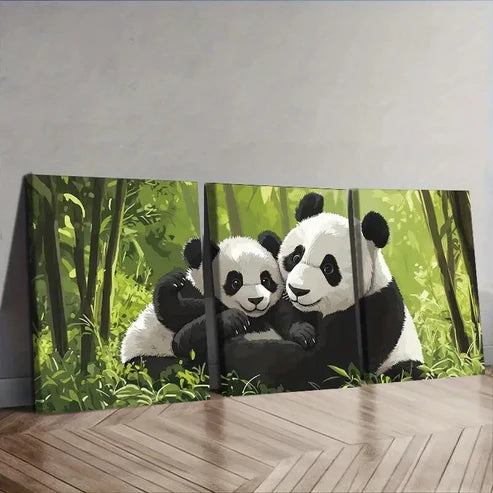 3pcs Cute panda family Wall Art Set Canvas Unframed - High Quality Print 100% Australian Made Wall Canvas - Bella Home Decor