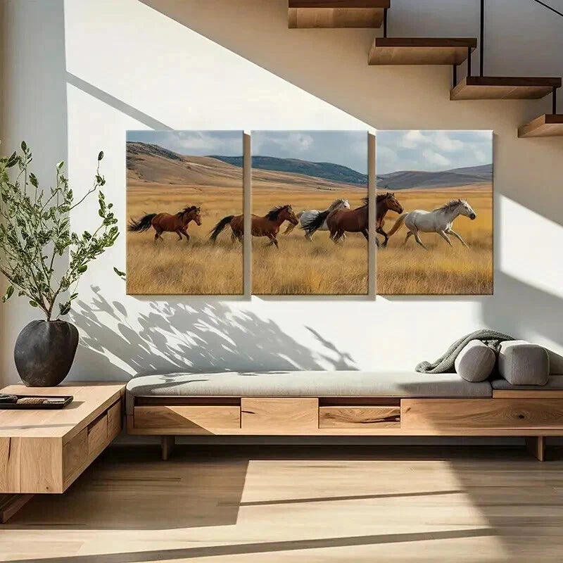 3pcs Galloping Horses In Golden Field Landscape Wall Art Set Canvas Framed 50x70cm - High Quality Print 100% Australian Made Wall Canvas Ready to Hang - Bella Home Decor