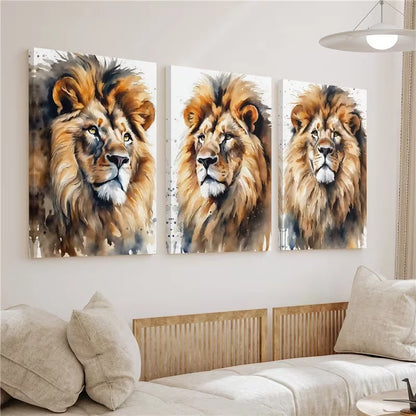 3pcs Lion Watercolor Safari Animal Wall Art Set Canvas Framed 50x70cm - High Quality Print 100% Australian Made Wall Canvas Ready to Hang