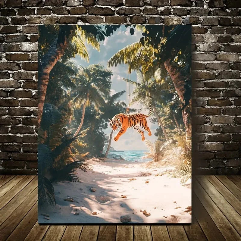 Swinging Tiger on Sandy Beach Scene Painting 40x60cm Metal Print Ready to Hang - Bella Home Decor