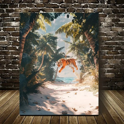 Swinging Tiger on Sandy Beach Scene Painting 40x60cm Metal Print Ready to Hang - Bella Home Decor