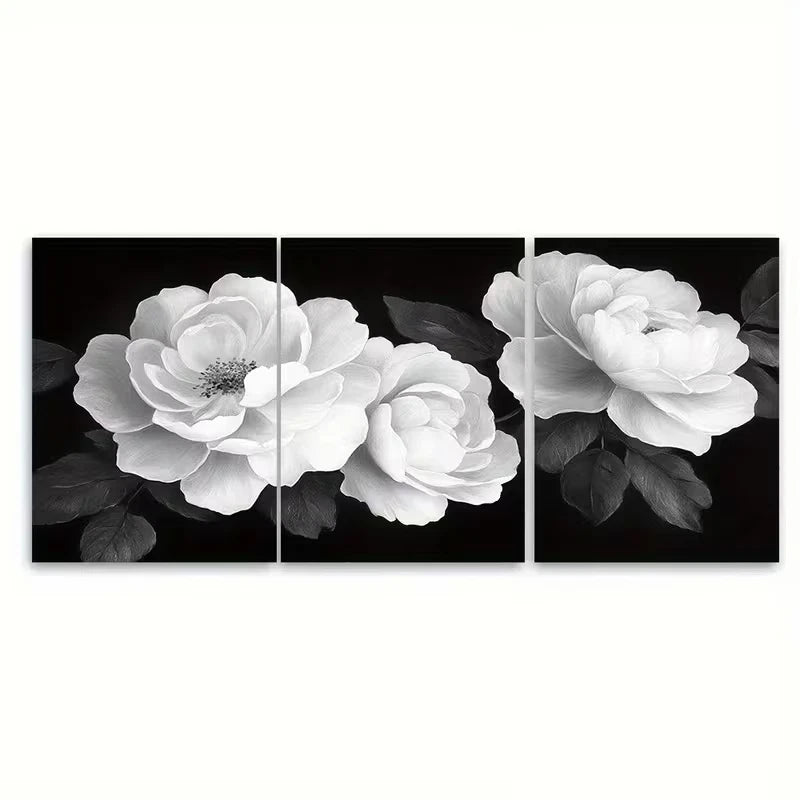 3pcs Black and White Floral Rose Metal Print Ready to Hang Art - Bella Home Decor