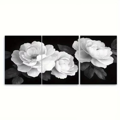 3pcs Black and White Floral Rose Metal Print Ready to Hang Art - Bella Home Decor