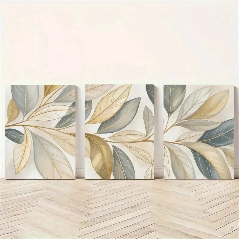 3pcs Leaves, Golden Leaves Minimalist Wall Art Set Canvas Framed 40x60cm - High Quality Print 100% Australian Made Wall Canvas Ready to Hang - Bella Home Decor