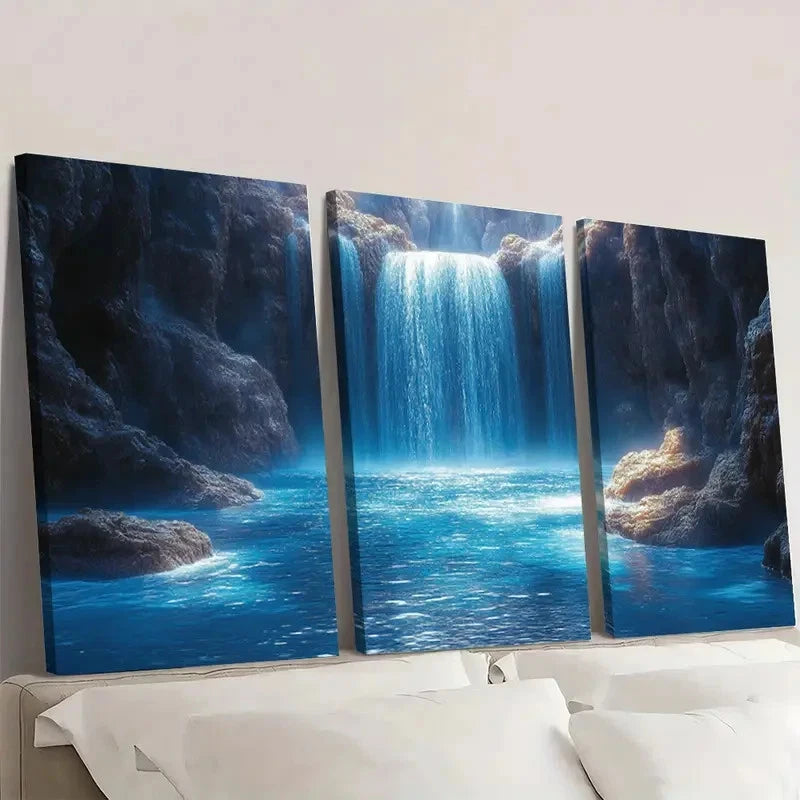 3pcs Blue Waterfall Landscape A Wall Art Set Canvas Framed 40x60cm - High Quality Print 100% Australian Made Wall Canvas Ready to Hang - Bella Home Decor