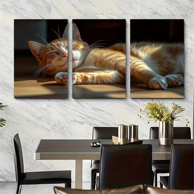3pcs Cat Relaxing in Golden Sun on Wooden Floor Metal Print Ready to Hang Art - Bella Home Decor