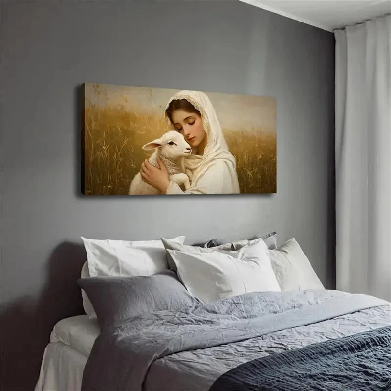 Serene Woman Lamb Nature Scene Wall Art Canvas Office Home Room Framed 120x60cm - Bella Home Decor