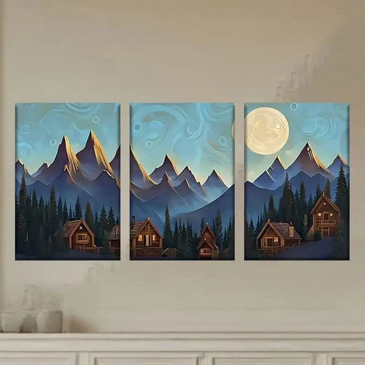 3pcs A Painting of a Cabin in The Mountains Wall Art Set Canvas Framed 50x70cm - High Quality Print 100% Australian Made Wall Canvas Ready to Hang
