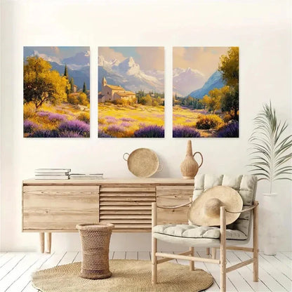 3pcs Vintage House with Mountain View Metal Print Ready to Hang Art