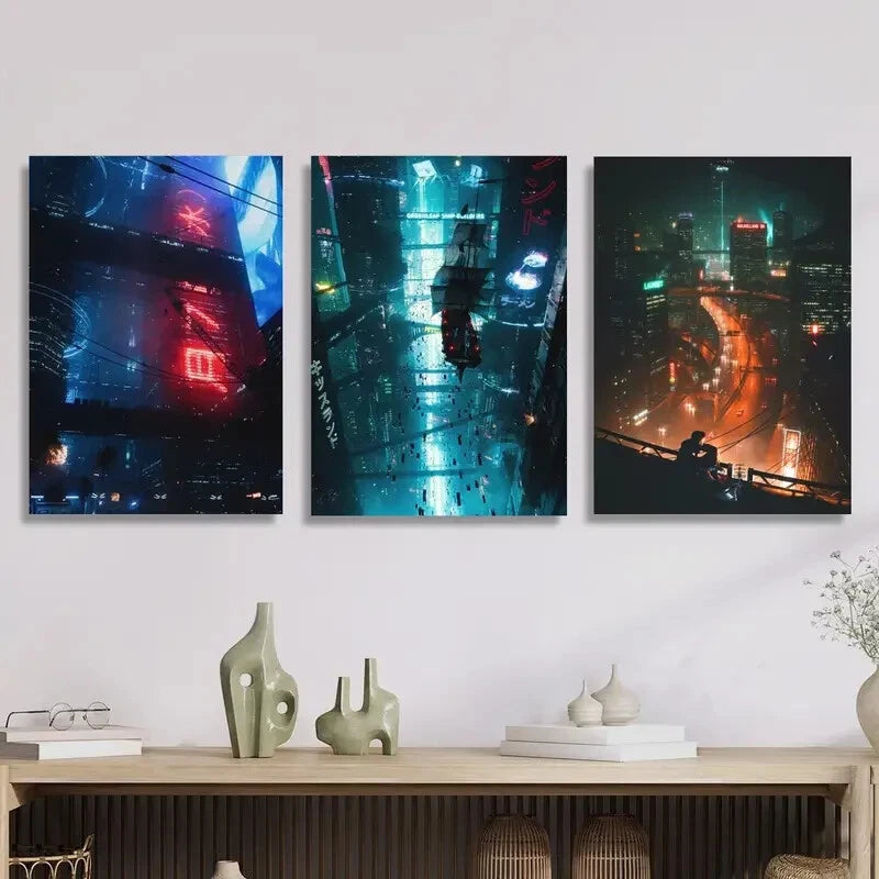 3pcs Cyberpunk city, sci-fi scene, Art Metal Print Ready to Hang Art