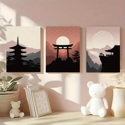 3pcs Japanese Pagoda Torii Gate & Pavilion Scenes Metal Print Ready to Hang Art