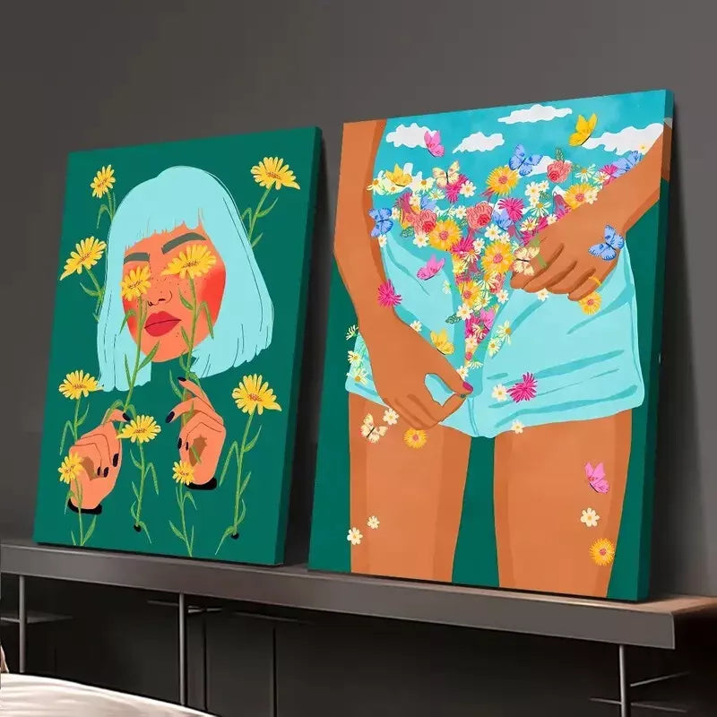 2pcs Floral Mood, So She Did The Girl Wanted to Bloom Canvas Framed 50x75cm - High Quality Print 100% Australian Made Wall Canvas Ready to Hang - Bella Home Decor
