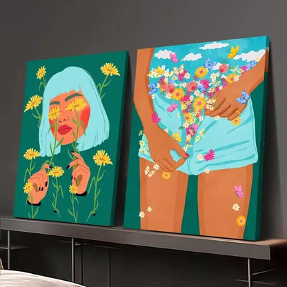 2pcs Floral Mood, So She Did The Girl Wanted to Bloom Canvas Framed 50x75cm - High Quality Print 100% Australian Made Wall Canvas Ready to Hang - Bella Home Decor