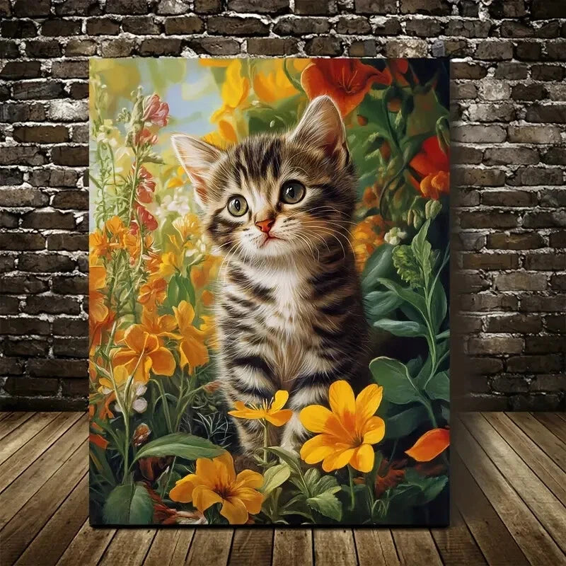 Cute Tabby Kitten & Floral Garden Painting 40x60cm Metal Print Ready to Hang - Bella Home Decor