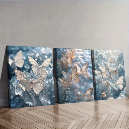 3 PCS Glittering Butterflies Over Water Wall Art Set Canvas Unframed - High Quality Print 100% Australian Made Wall Canvas - Bella Home Decor