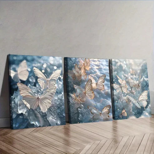 3 PCS Glittering Butterflies Over Water Wall Art Set Canvas Unframed - High Quality Print 100% Australian Made Wall Canvas