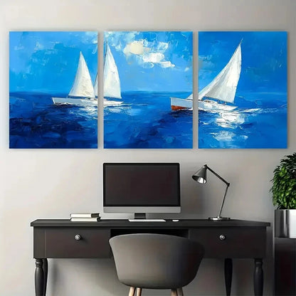 3pcs White Sailing Boats on Vibrant Blue Water Metal Print Ready to Hang Art - Bella Home Decor