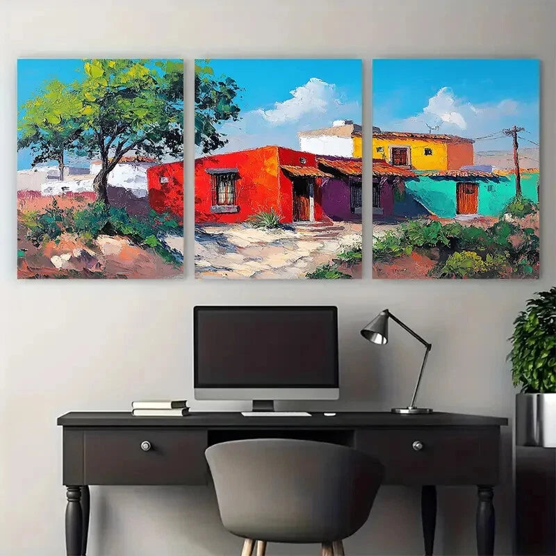 3pcs Colorful House Mexican Cityscape View Metal Print Ready to Hang Art - Bella Home Decor