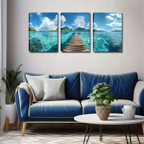 3pcs Serene Wooden Bridge & Turquoise Ocean Scene Wall Art Canvas Unframed - High Quality Print 100% Australian Made Wall Canvas
