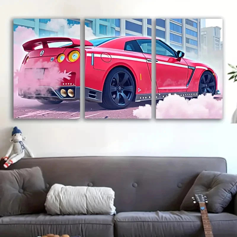 3pcs Red Sports Car With Smoke And Cityscape Wall Art Set Canvas Framed 60x90cm - High Quality Print 100% Australian Made Wall Canvas Ready to Hang