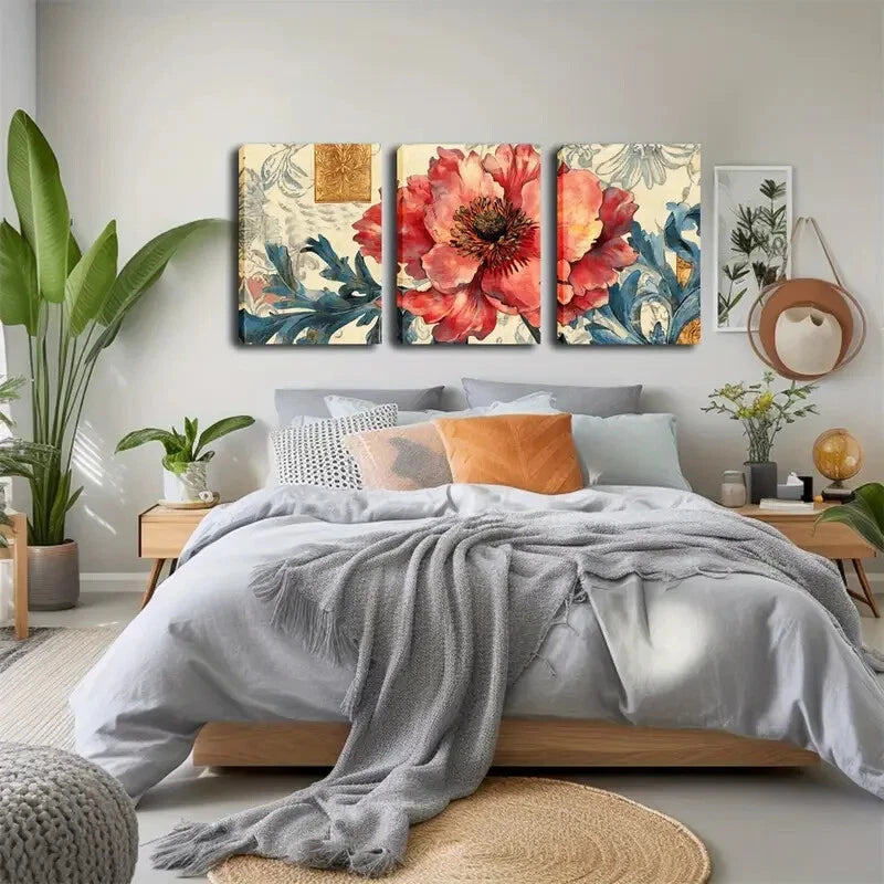 3pcs Vibrant Red Flowers & Green Leaves Perfect Wall Art Set Canvas Framed 60x90cm - High Quality Print 100% Australian Made Wall Canvas Ready to Hang - Bella Home Decor