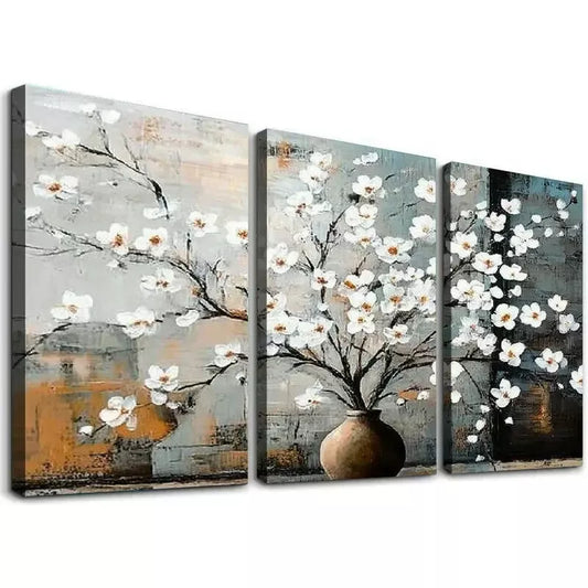 3pcs White Flower Graffiti on a Brown Backdrop Wall Art Set Canvas Framed 50x70cm - High Quality Print 100% Australian Made Wall Canvas Ready to Hang