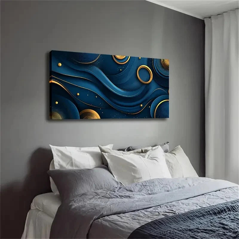 Dark Blue Golden Lines Elements Wall Art Canvas Office Home Room Framed 120x60cm - Bella Home Decor
