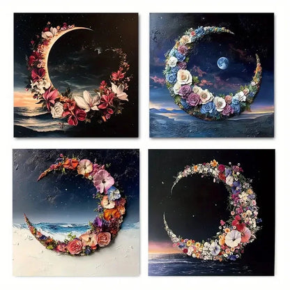 4pcs Beach Moon Flowers Modern Elegant Wall Art Canvas Framed