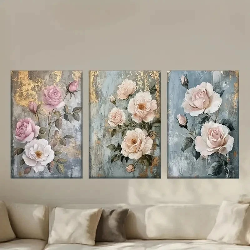 3pcs Floral Design with Golden Accents Metal Print Ready to Hang Art